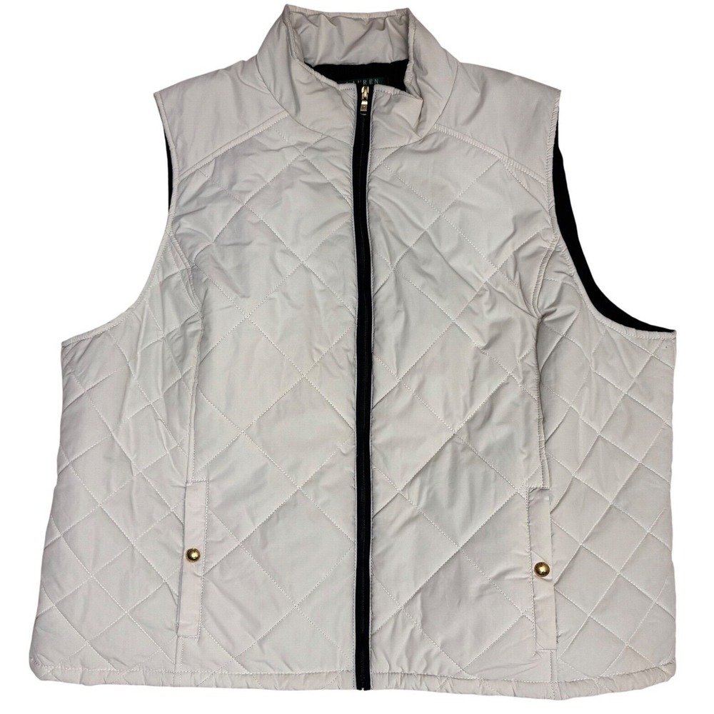 Ralph Lauren Womens‎ Vest 3X Puffer Quilted White Plus Size Winter Gold Buttons
